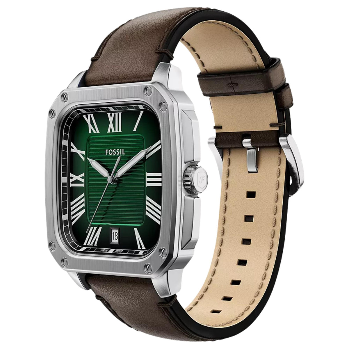 Three-quarter perspective of the Fossil Crosby FS6150 watch detailing the textured green dial, date window, and brown leather strap