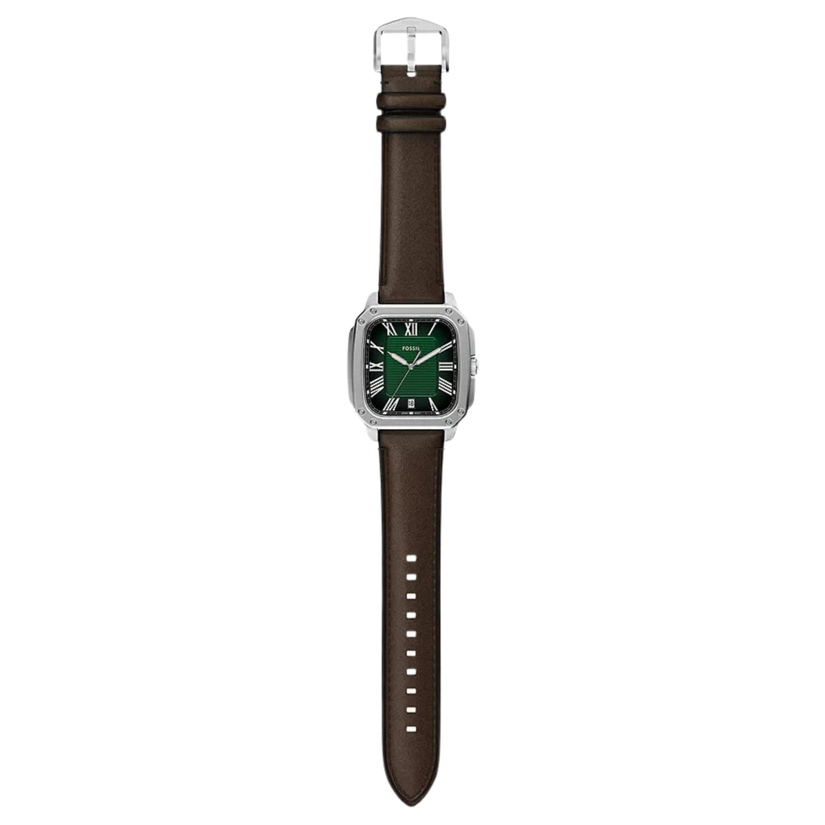 Flat-lay view of the Fossil Crosby FS6150 mens watch fully extended, showcasing the square green dial and full-length brown leather strap