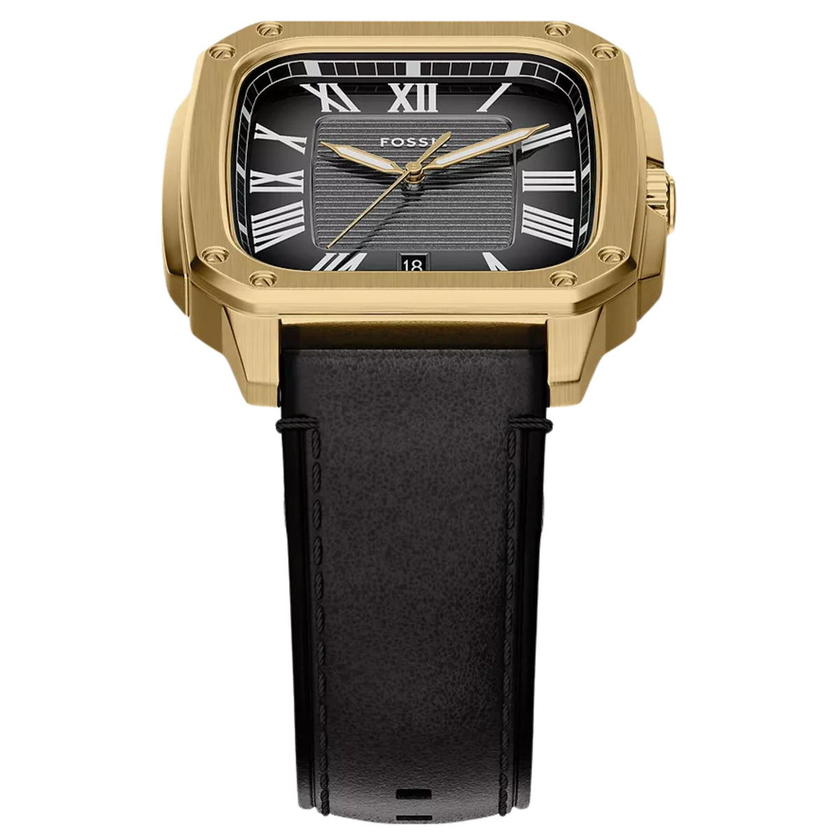 Fossil Crosby FS6151 textured black dial and gold-tone bezel perspective view