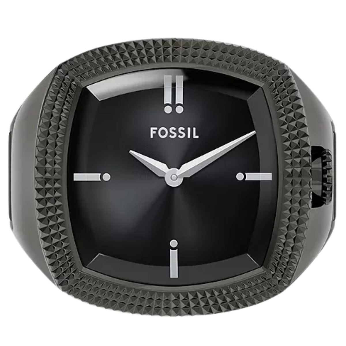 Direct overhead front view of the Fossil Machine x Nick Jonas LE1212 ring watch featuring a cushion-shaped case and black dial with silver indices