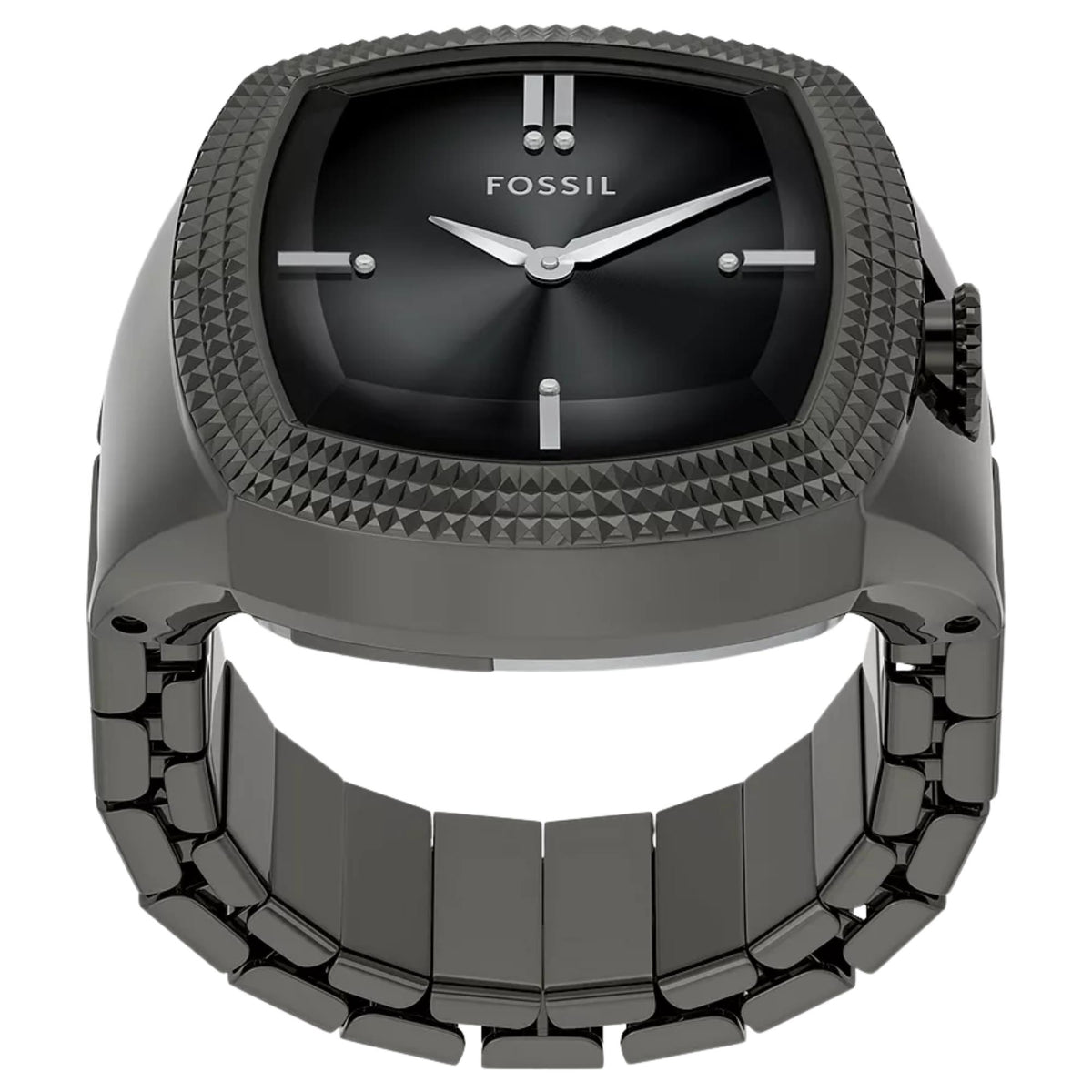 Front view of the Fossil Machine x Nick Jonas LE1212 ring watch displaying the black dial and flexible gunmetal-tone expansion strap