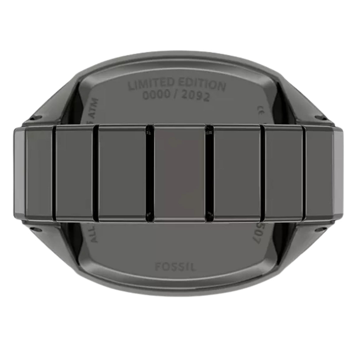 Bottom profile perspective of the Fossil Machine x Nick Jonas LE1212 ring watch displaying the segmented expansion ring band