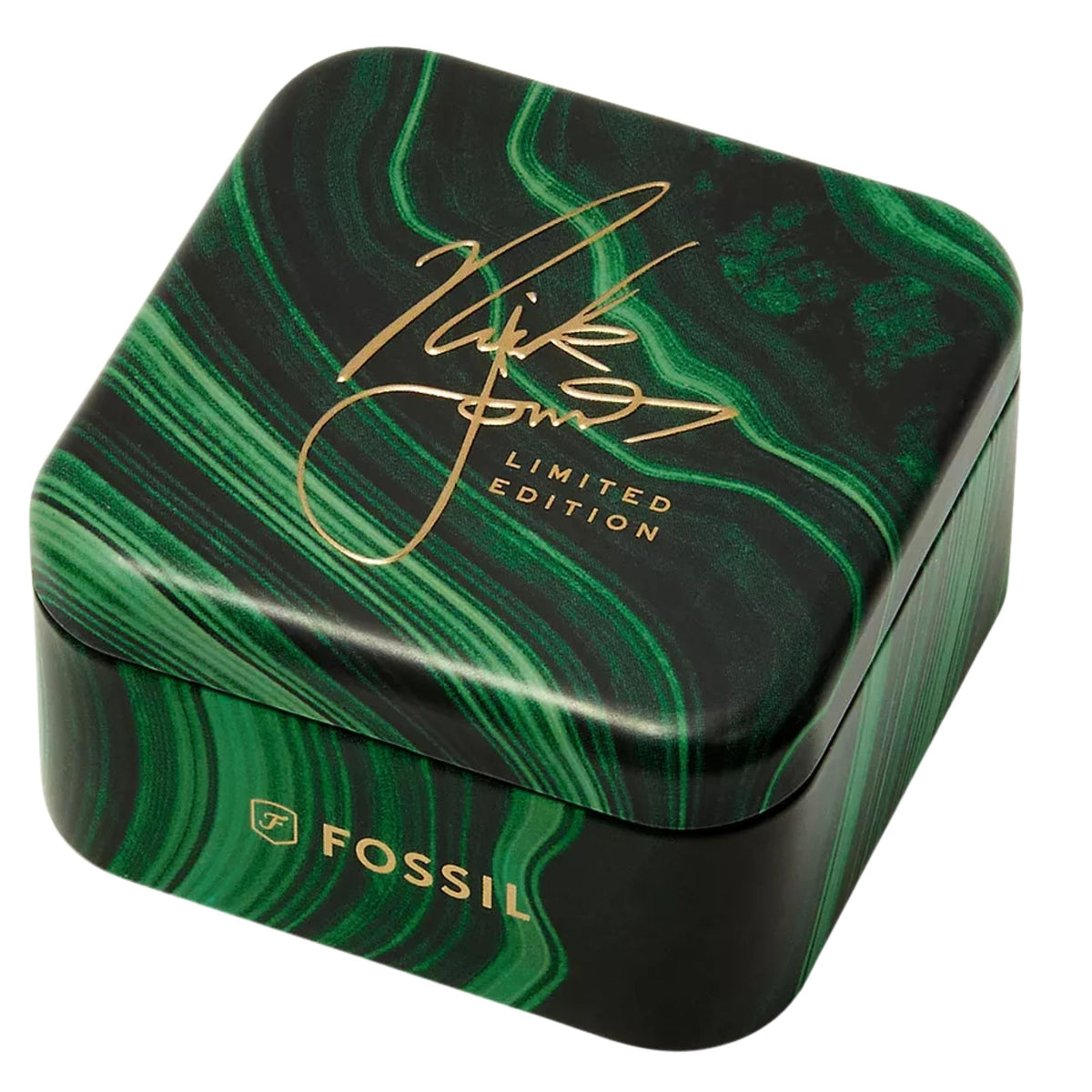 Green malachite-patterned presentation tin for the Fossil Machine x Nick Jonas LE1212 limited-edition ring watch signed with gold branding