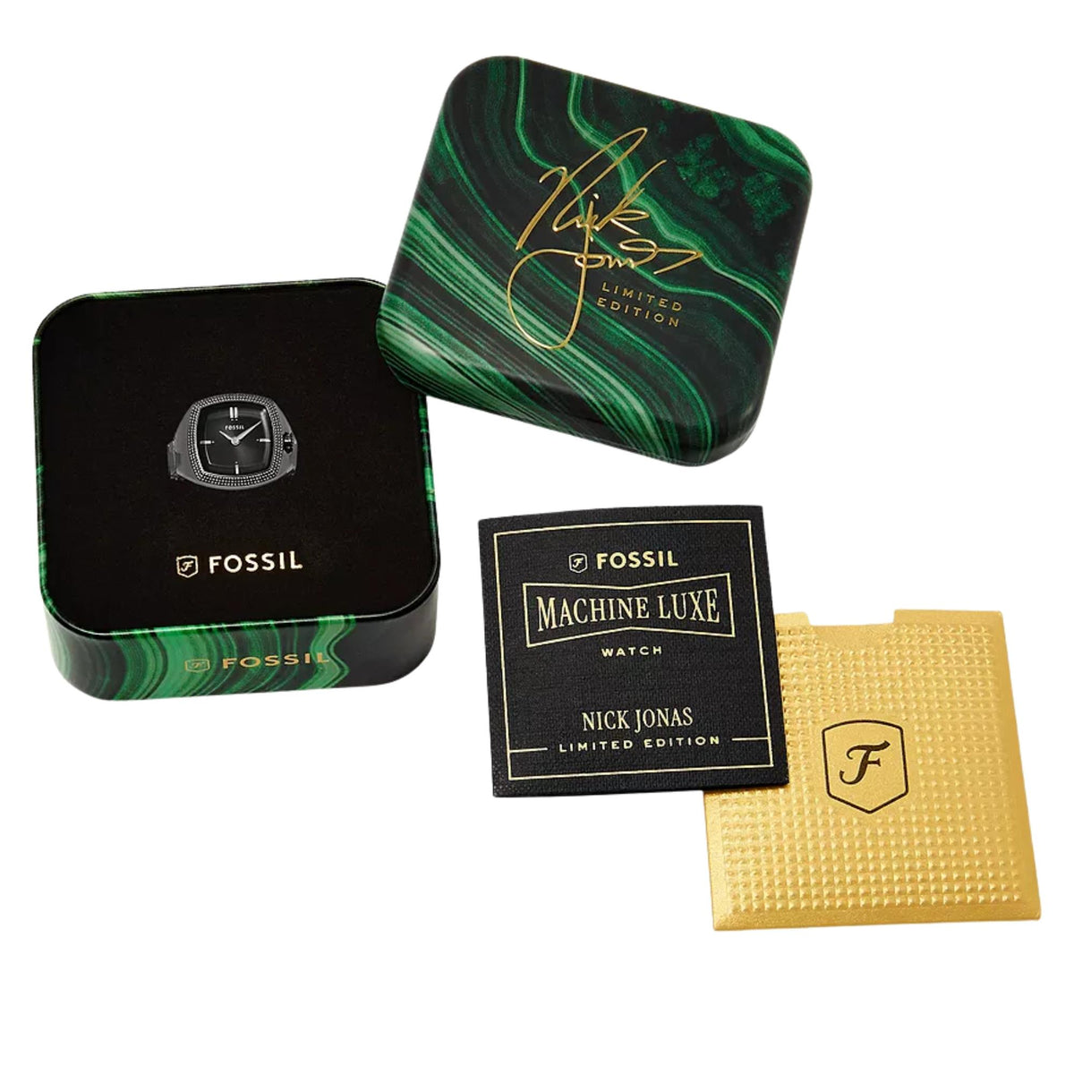 Watch packaging set with green limited edition box, Fossil pouch, and gold insert