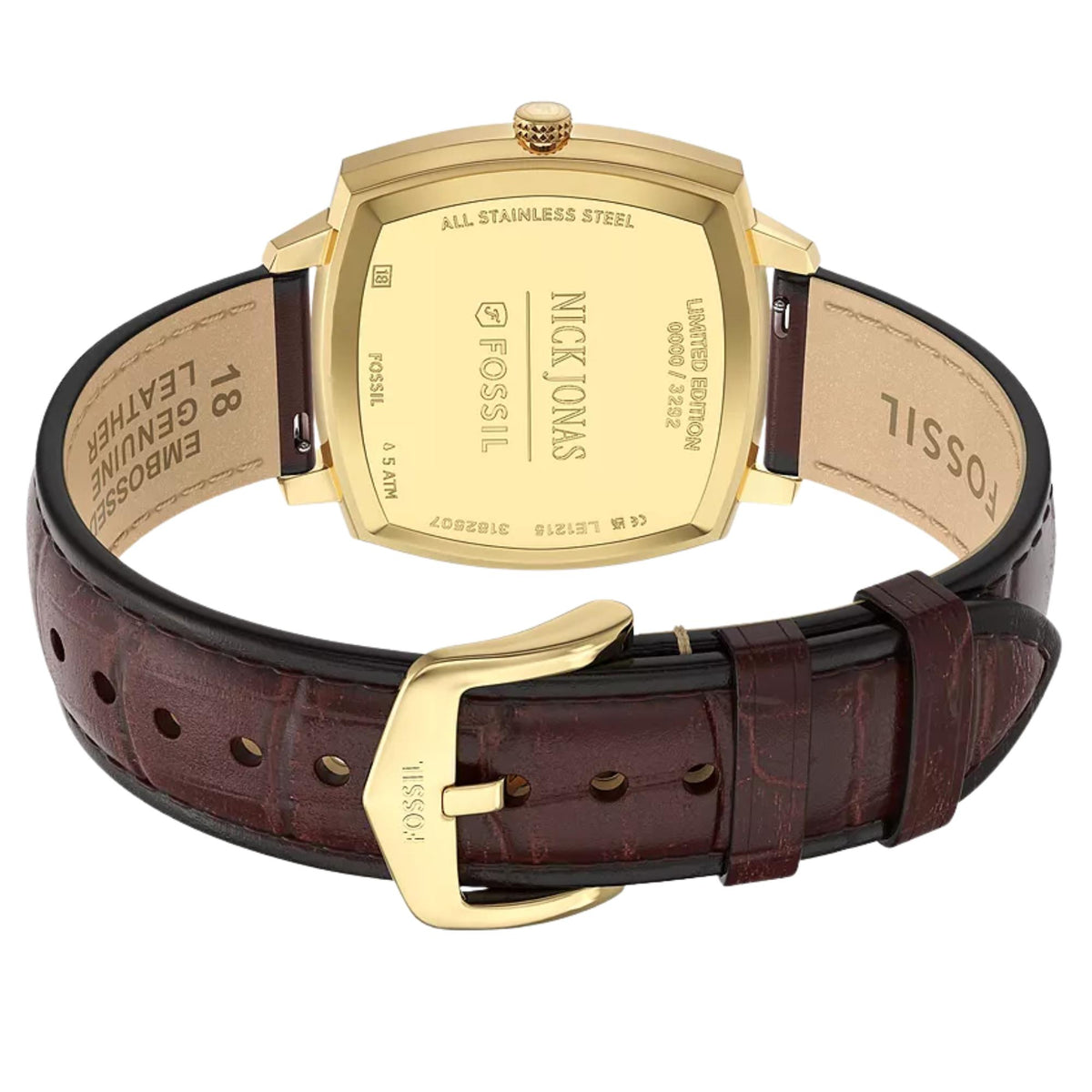 Fossil Machine x Nick Jonas LE1215 back perspective view of caseback and leather band with gold buckle