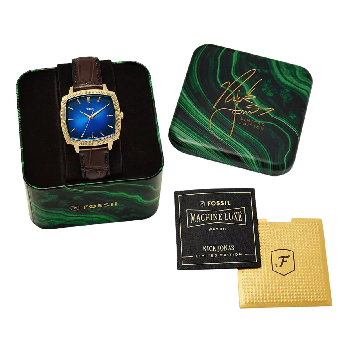 Fossil Machine x Nick Jonas LE1215 blue dial leather quartz watch box set