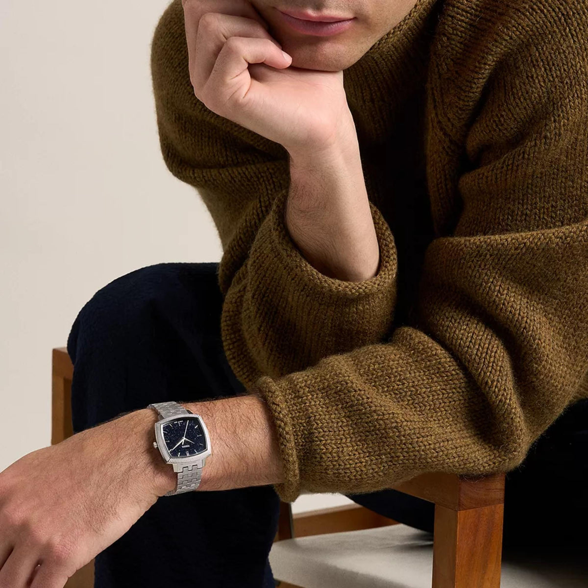 Fossil Machine x Nick Jonas LE1216 on-wrist view with brown knit sweater