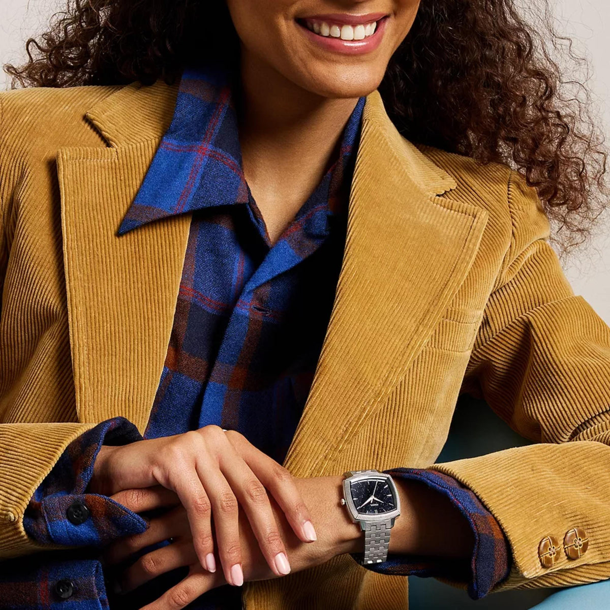 Fossil Machine x Nick Jonas LE1216 on-wrist view with yellow corduroy blazer