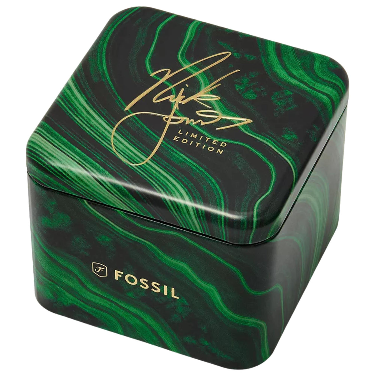 Fossil Machine x Nick Jonas LE1216 green malachite-patterned collectible tin packaging