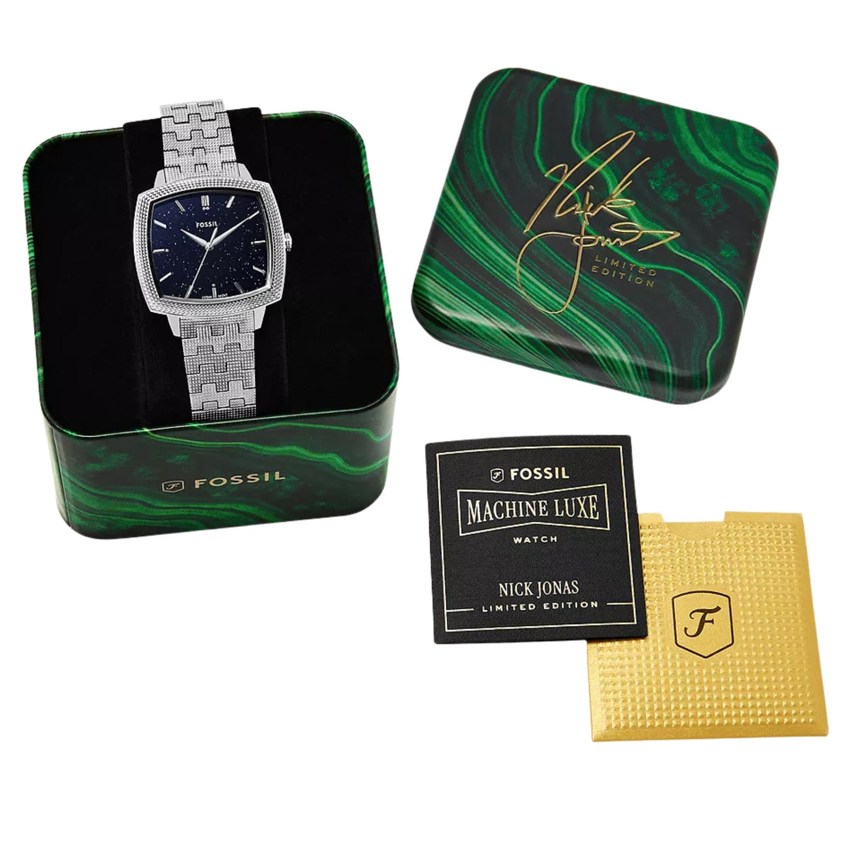 Fossil Machine x Nick Jonas LE1216 green malachite pattern tin with gold signature detail