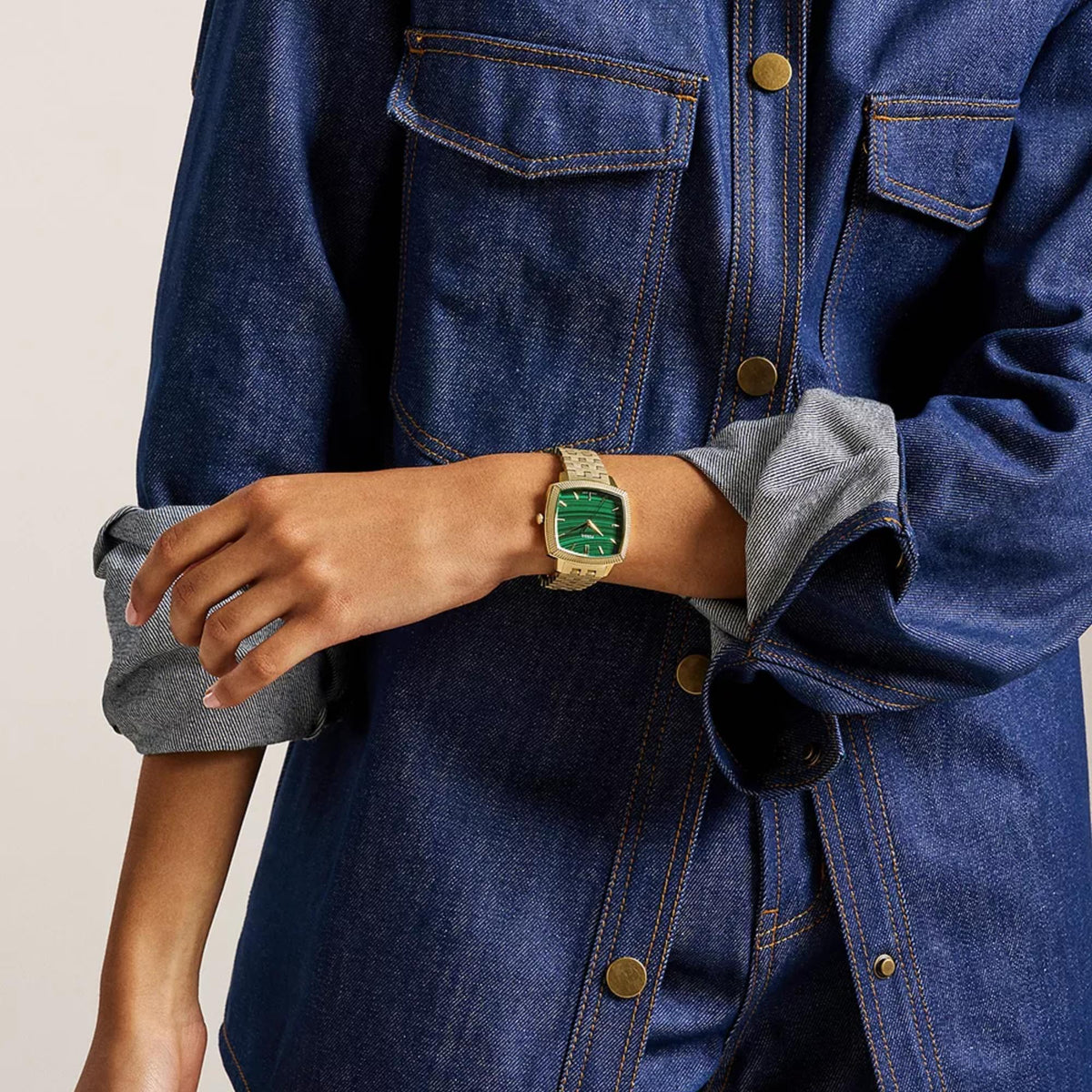 Fossil Machine x Nick Jonas LE1217 watch worn on model wrist with denim shirt