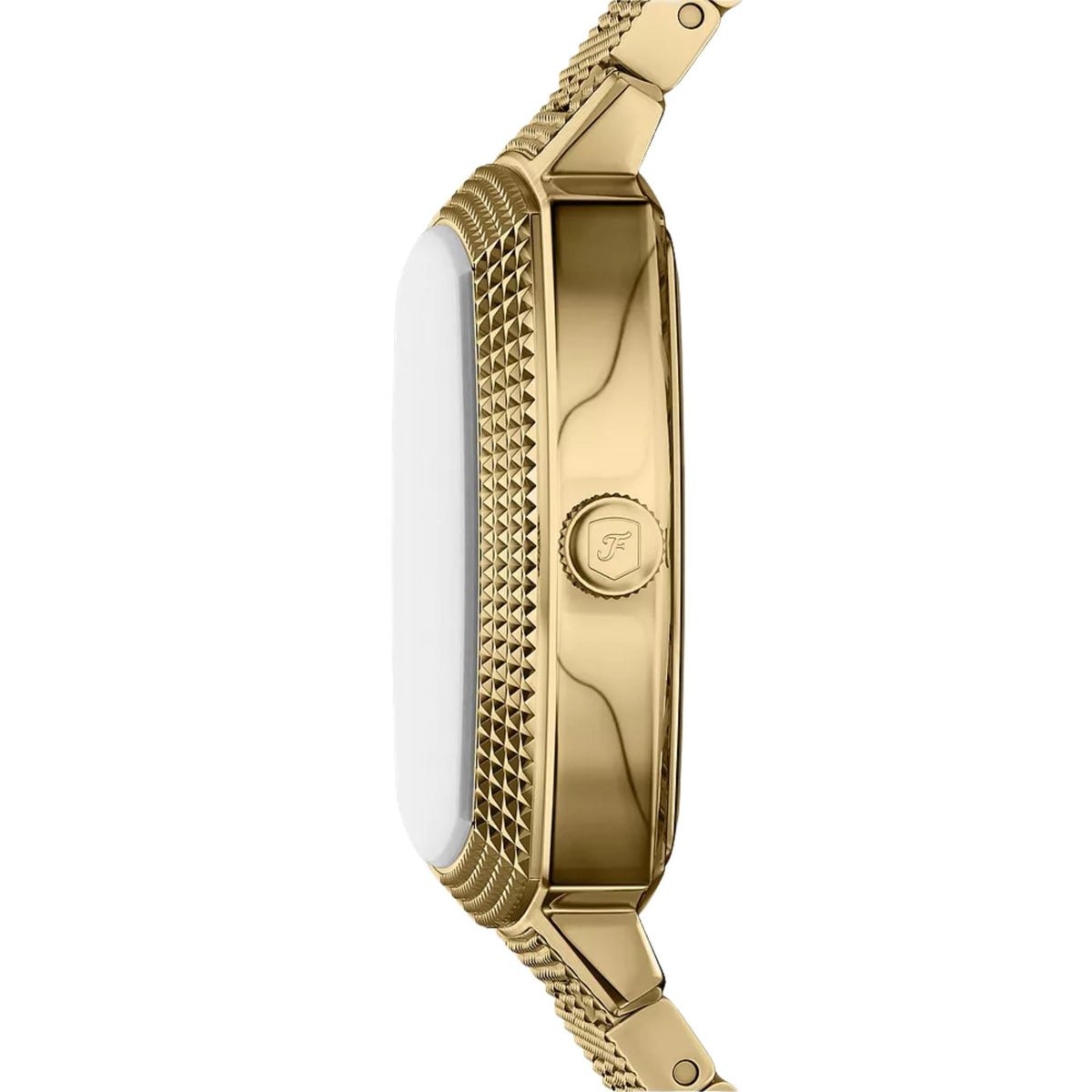 Fossil Machine x Nick Jonas LE1217 textured gold steel watch case side profile with crown detail
