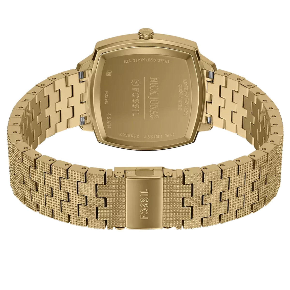 Fossil Machine x Nick Jonas LE1217 watch back case view with open steel link strap