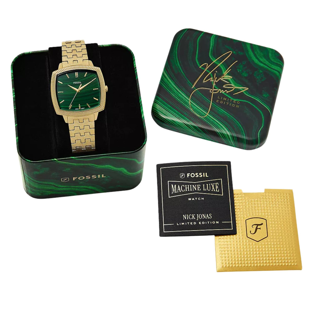 Fossil Machine x Nick Jonas LE1217 watch in collectible green malachite-patterned tin box front view