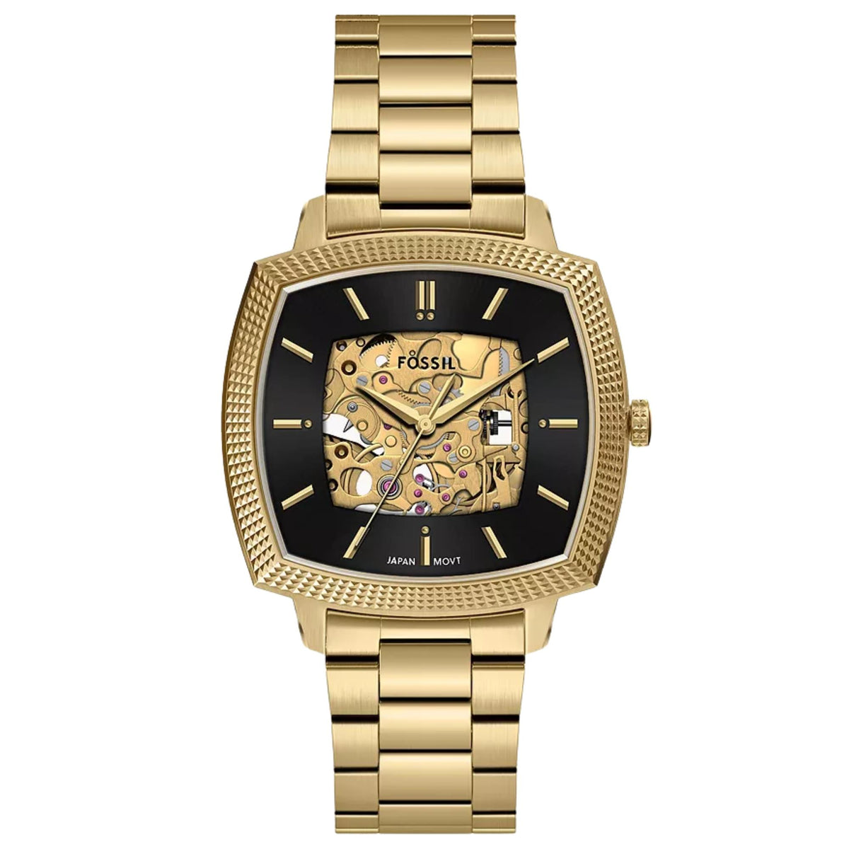 Fossil Machine x Nick Jonas 41mm LE1218 skeleton black dial steel automatic watch front view