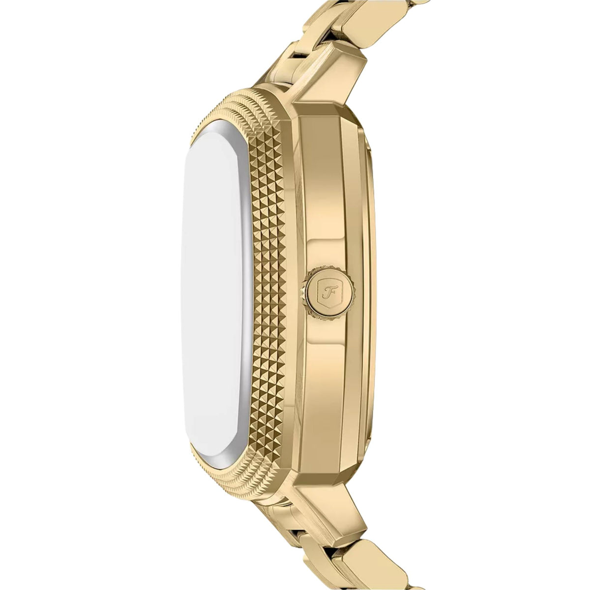 Fossil Machine x Nick Jonas LE1218 gold-tone cushion-shaped stainless steel case side profile with textured bezel and crown