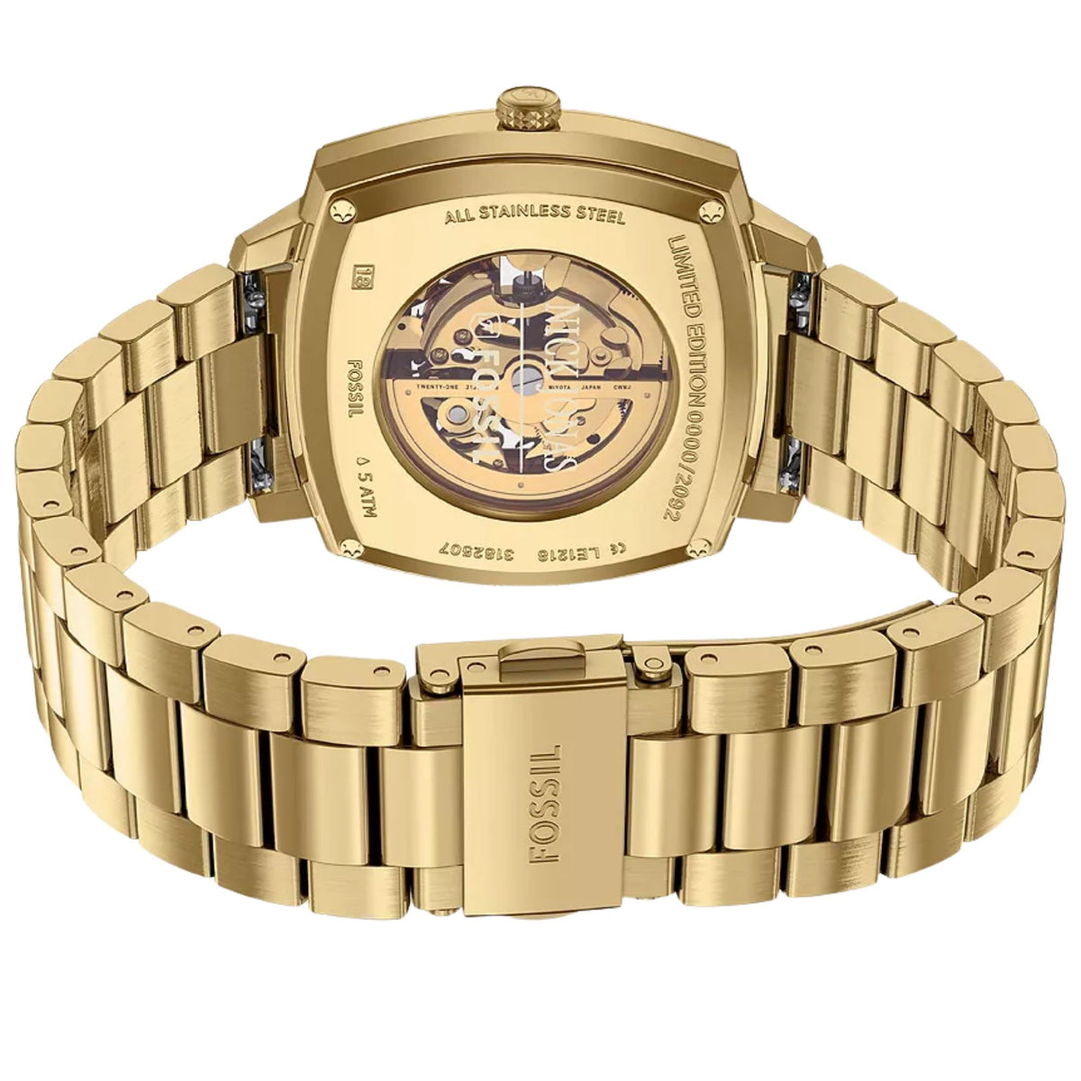 Fossil Machine x Nick Jonas LE1218 exhibition caseback and curved stainless steel gold-tone bracelet back perspective
