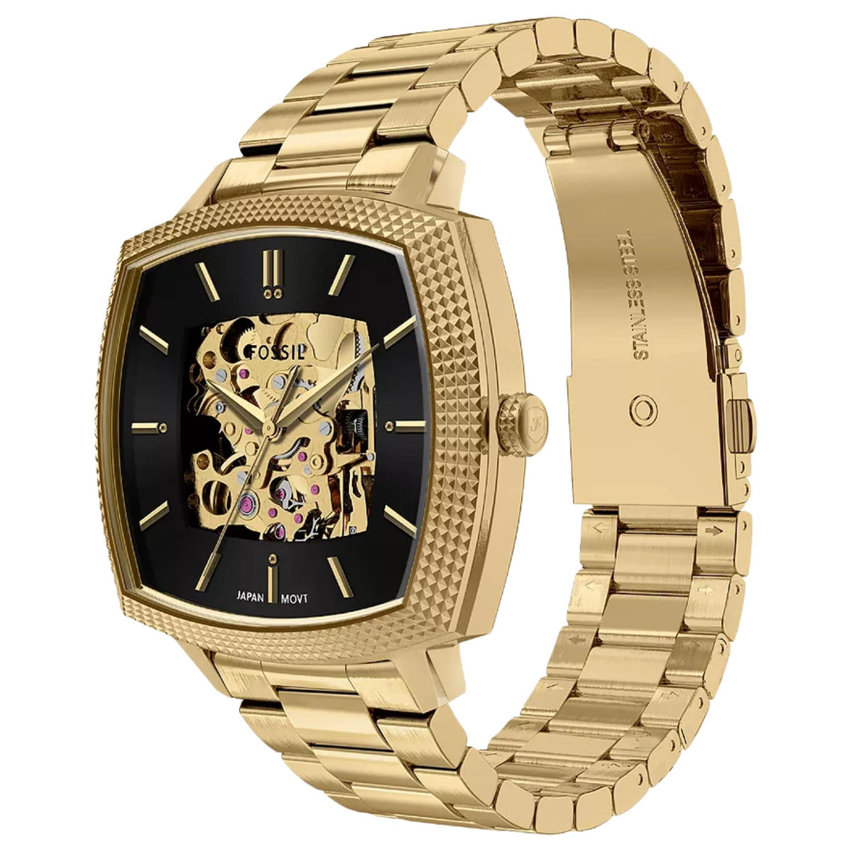 Fossil Machine x Nick Jonas LE1218 automatic watch side perspective view with open stainless steel gold-tone link bracelet