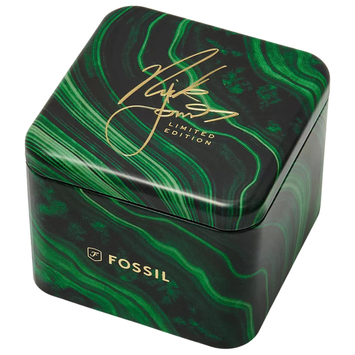 Fossil Machine x Nick Jonas LE1218 limited-edition watch box packaging featuring a green malachite pattern and Nick Jonas gold signature