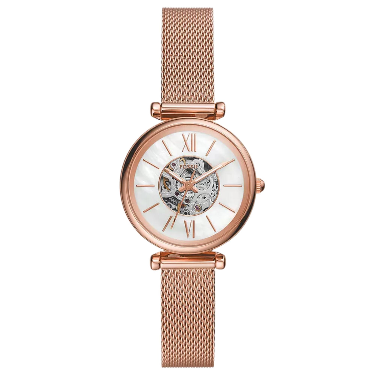 Fossil Carlie 28mm 28mm ME3188 skeleton mother of pearl dial front view