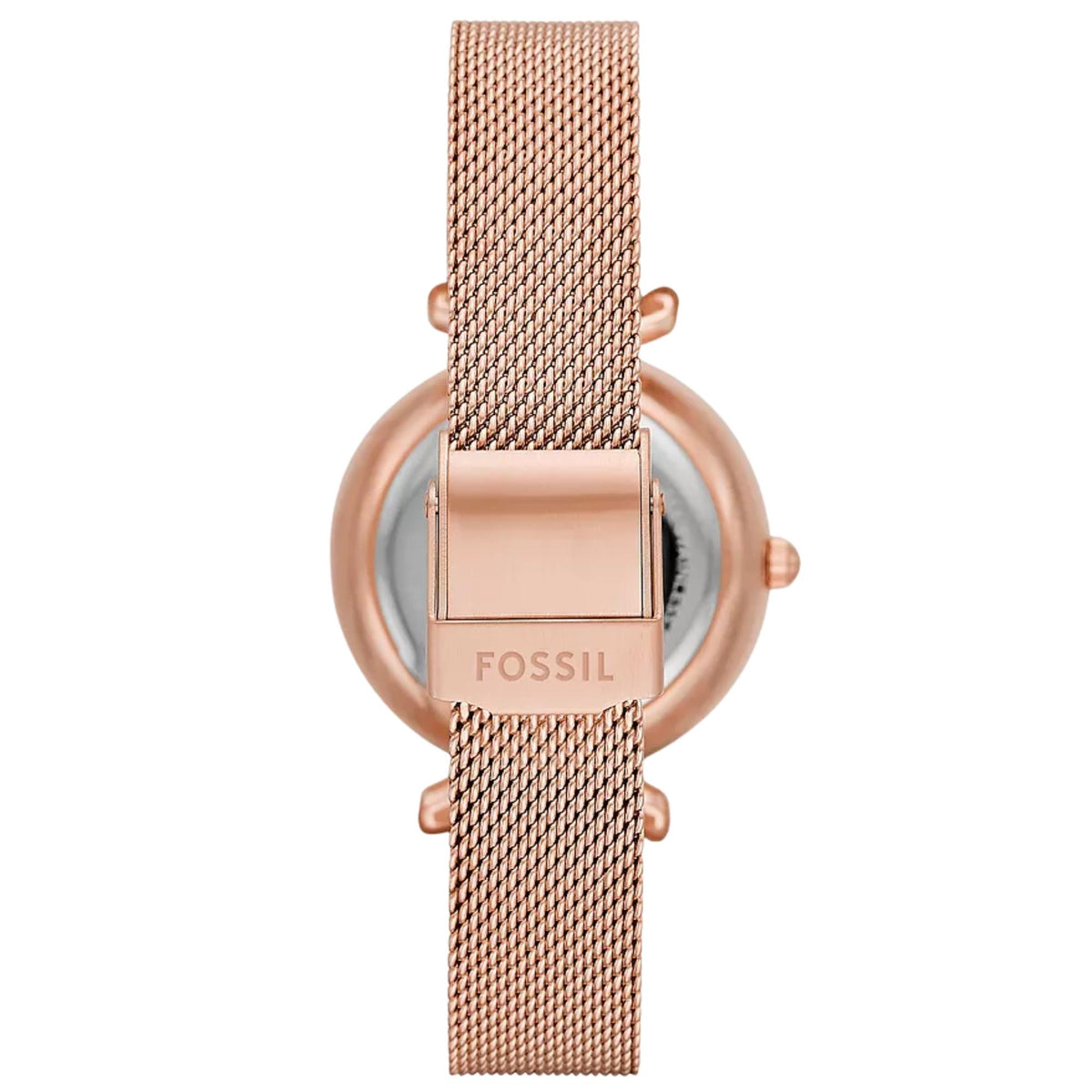 Fossil Carlie 28mm ME3188 rose gold steel mesh strap and engraved clasp detail