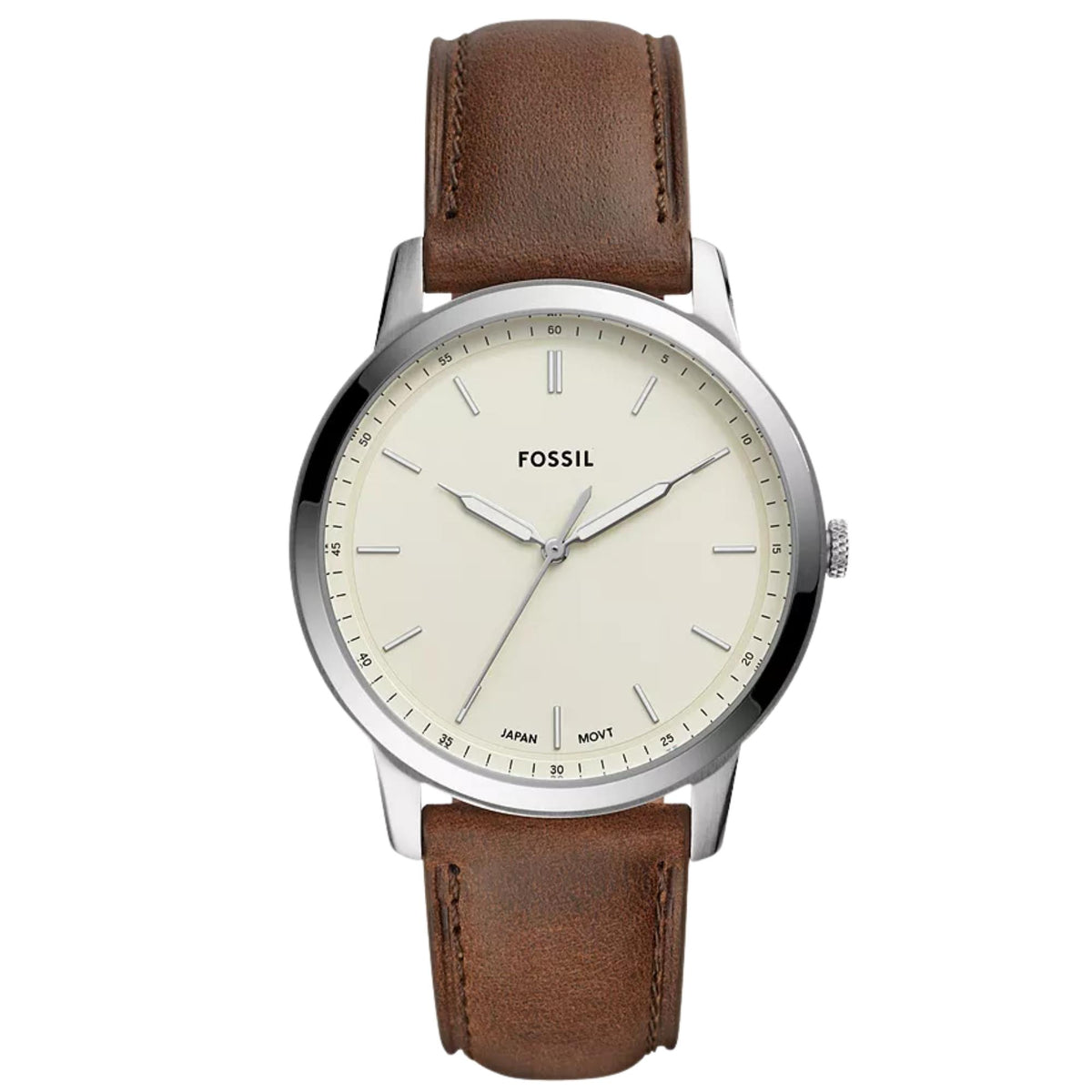 Front view of Fossil Minimalist FS5439 mens watch displaying the beige dial, stainless steel case, and brown leather strap