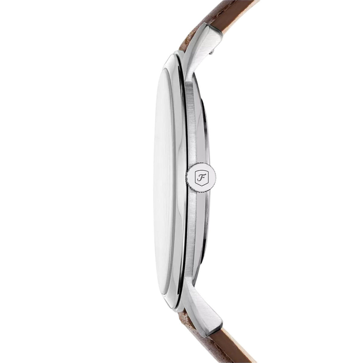 Profile view of Fossil Minimalist FS5439 mens watch detailing the slim silver-tone case, engraved crown, and brown leather strap