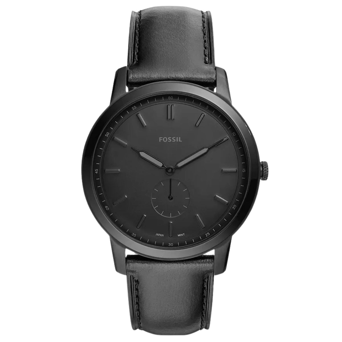 Front view of Fossil Minimalist FS5447 mens watch featuring a black dial, small seconds subdial, black case, and black leather strap