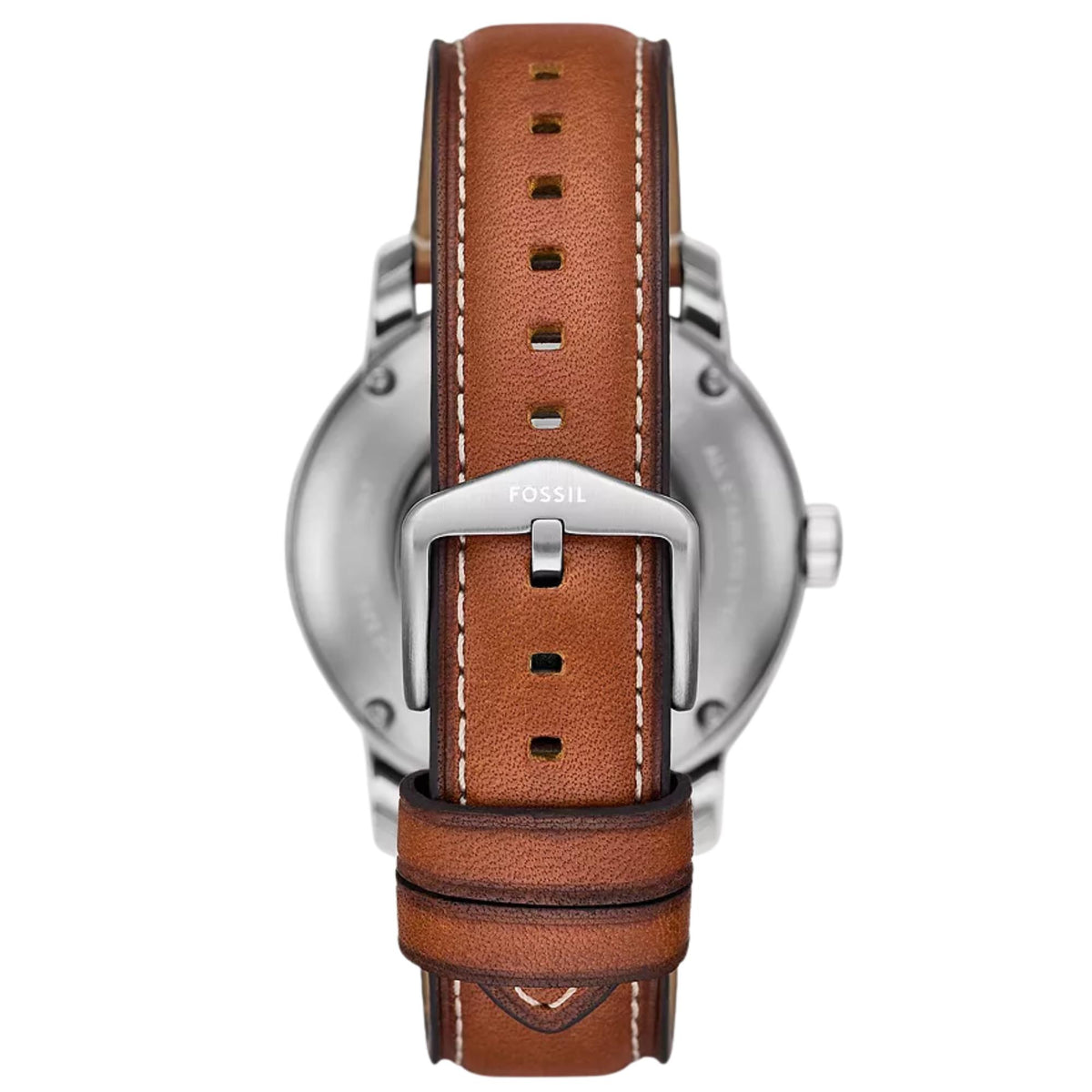 Rear view of Fossil Heritage ME3263 brown leather strap featuring a silver-tone buckle clasp and stitched detail