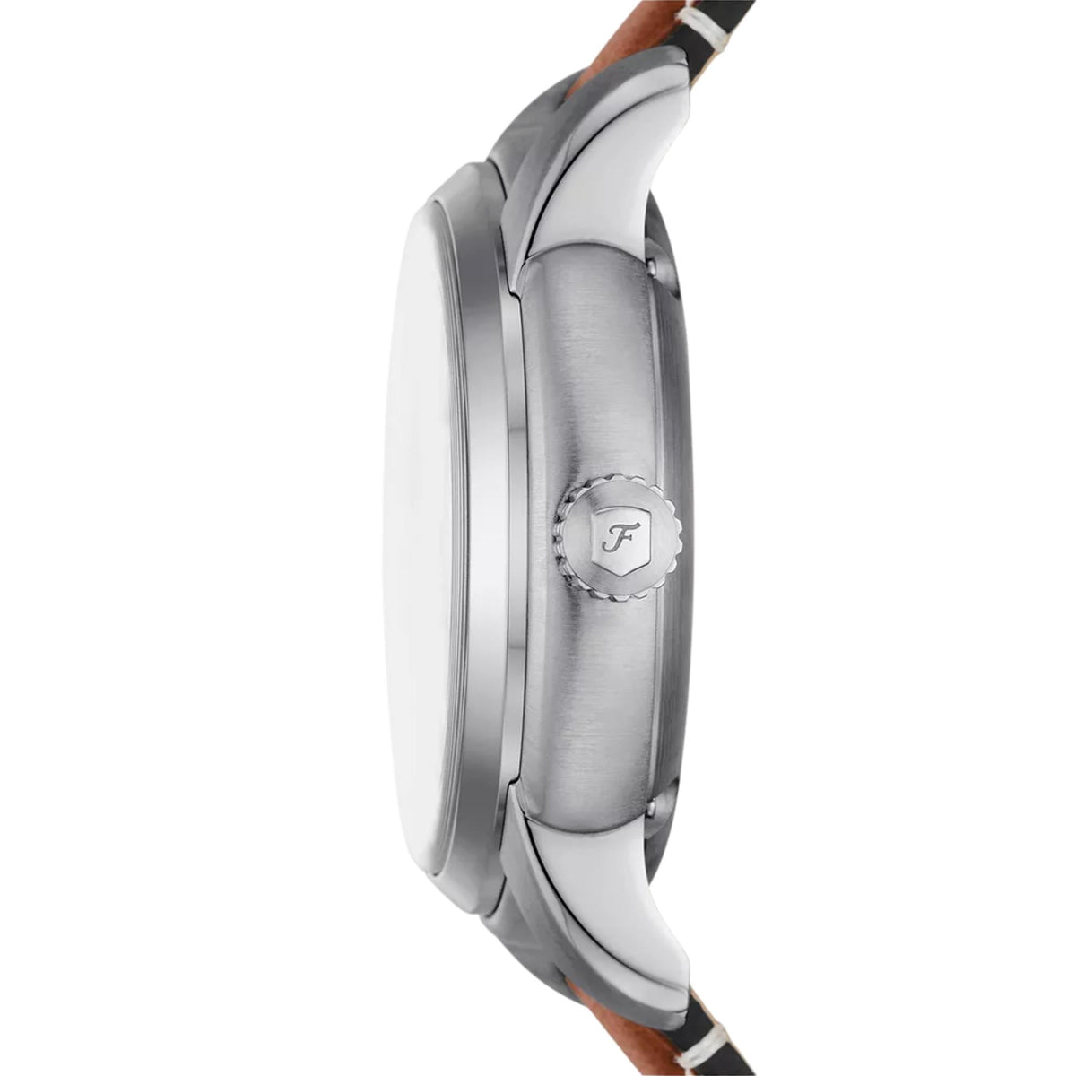 Profile view of Fossil Heritage ME3263 mens watch showing the stainless steel case side and branded winding crown