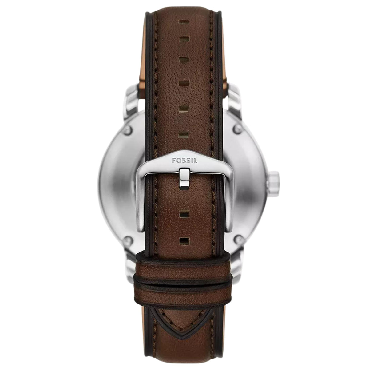 Rear view of Fossil Heritage ME3264 brown leather strap displaying the silver pin buckle and tonal stitching