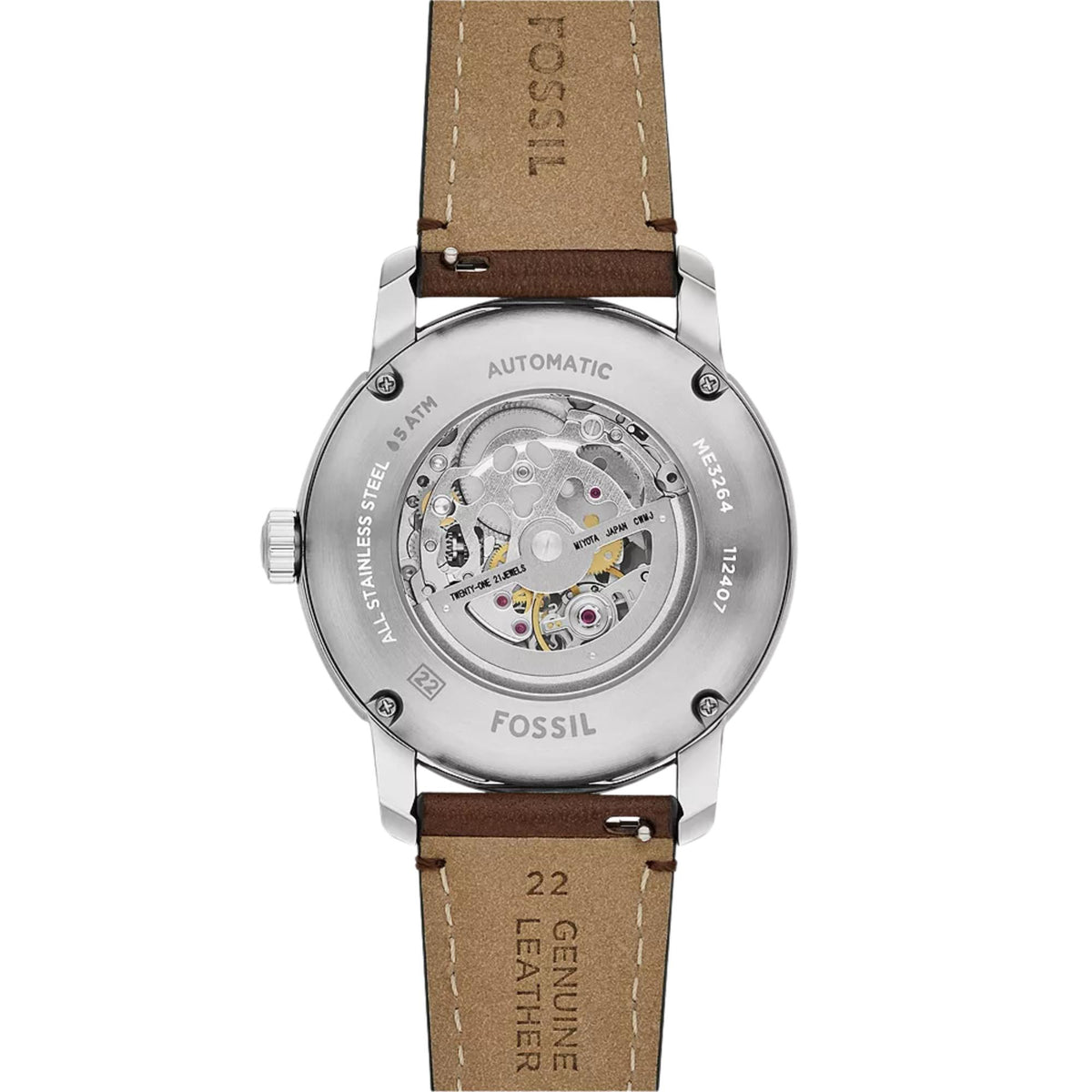 Underside view of Fossil Heritage ME3264 showing the transparent exhibition case back and tan leather lining