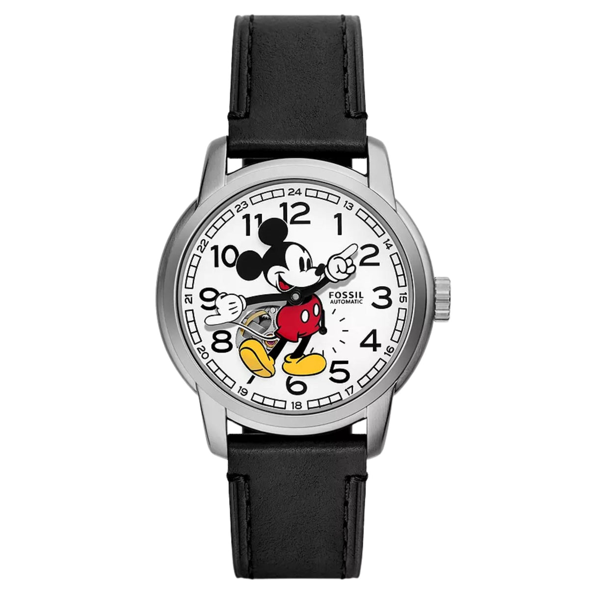 Front view of Fossil Disney Mickey Mouse SE1111 automatic watch with a white dial and black leather strap