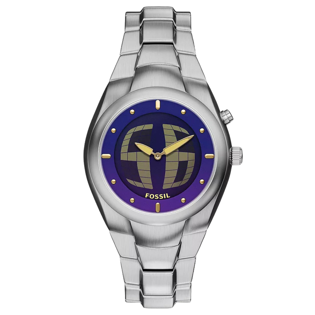 Stainless steel digital-style quartz watch with blue dial, gold hour markers and bracelet
