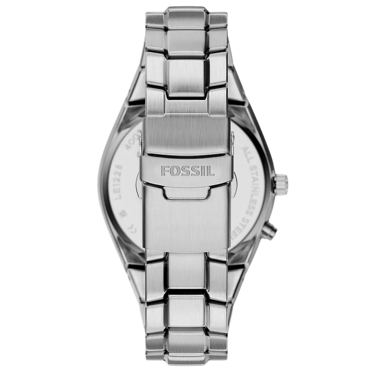 Stainless steel watch case back with engraved markings and link bracelet