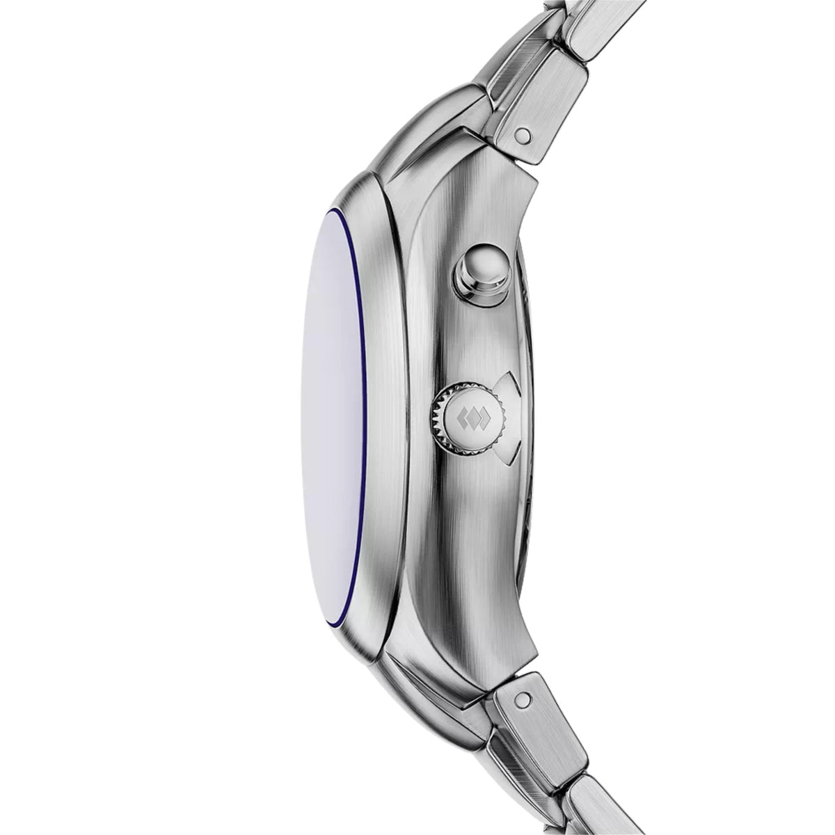 Stainless steel watch with visible crown and polished case profile, link bracelet