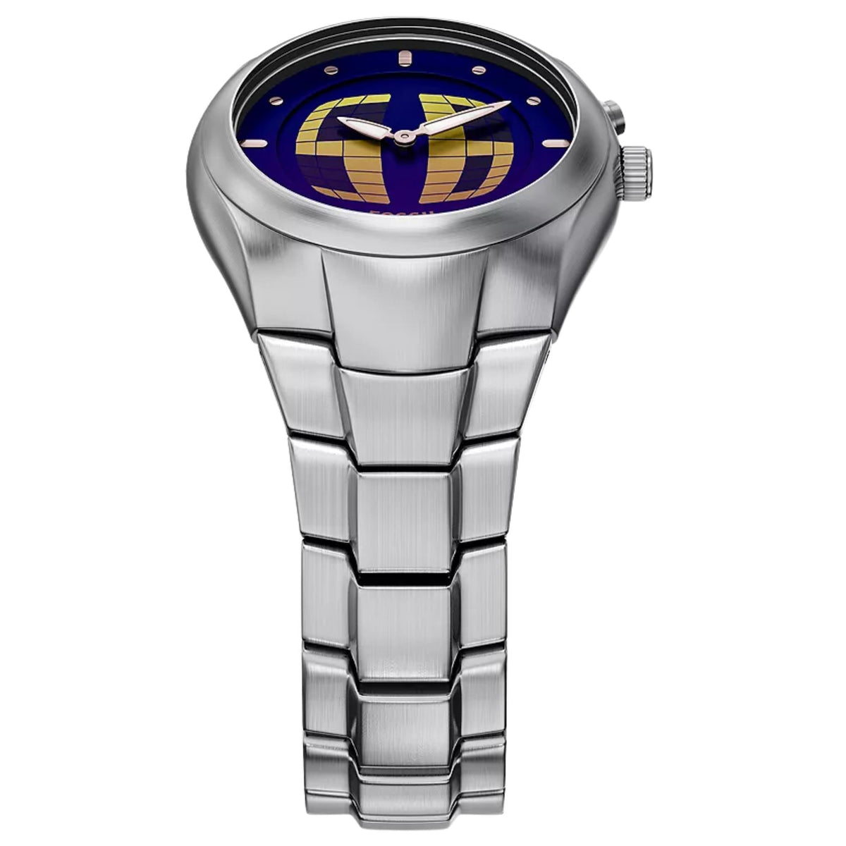Stainless steel quartz watch with blue patterned dial, gold hands and link bracelet