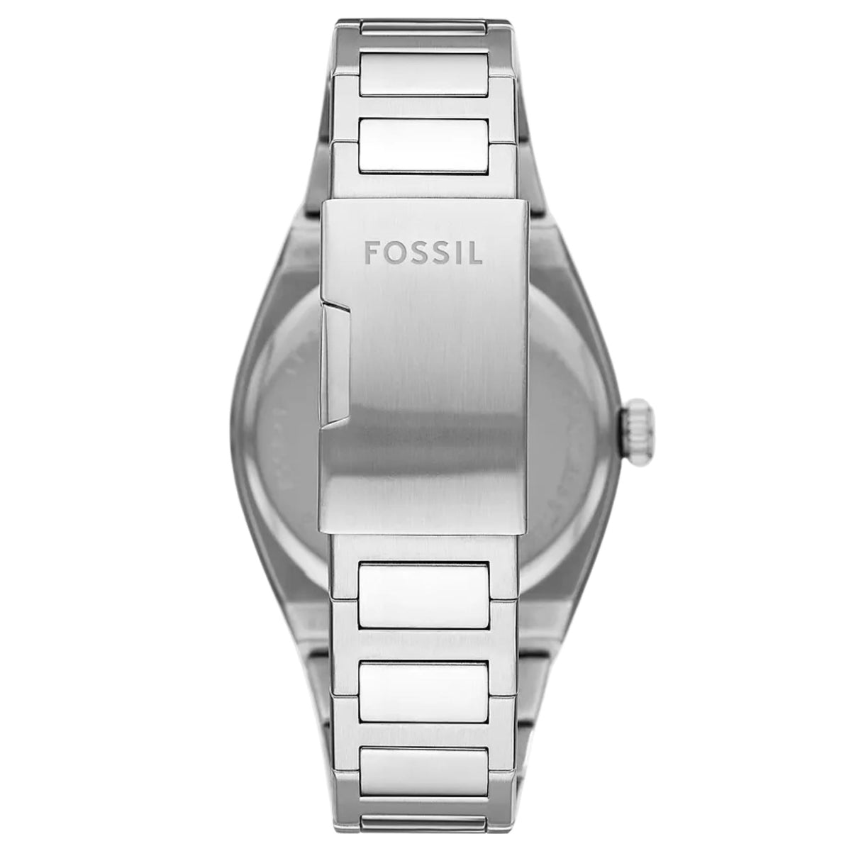 Rear view of the Fossil Everett FS5821 model displaying the brushed stainless steel clasp with engraved branding