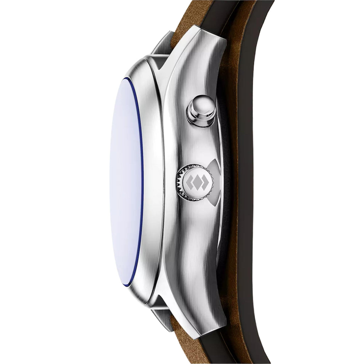 Side profile view of the Fossil Y2K Big Tic LE1229 watch showcasing the brushed steel case, crown, and pusher