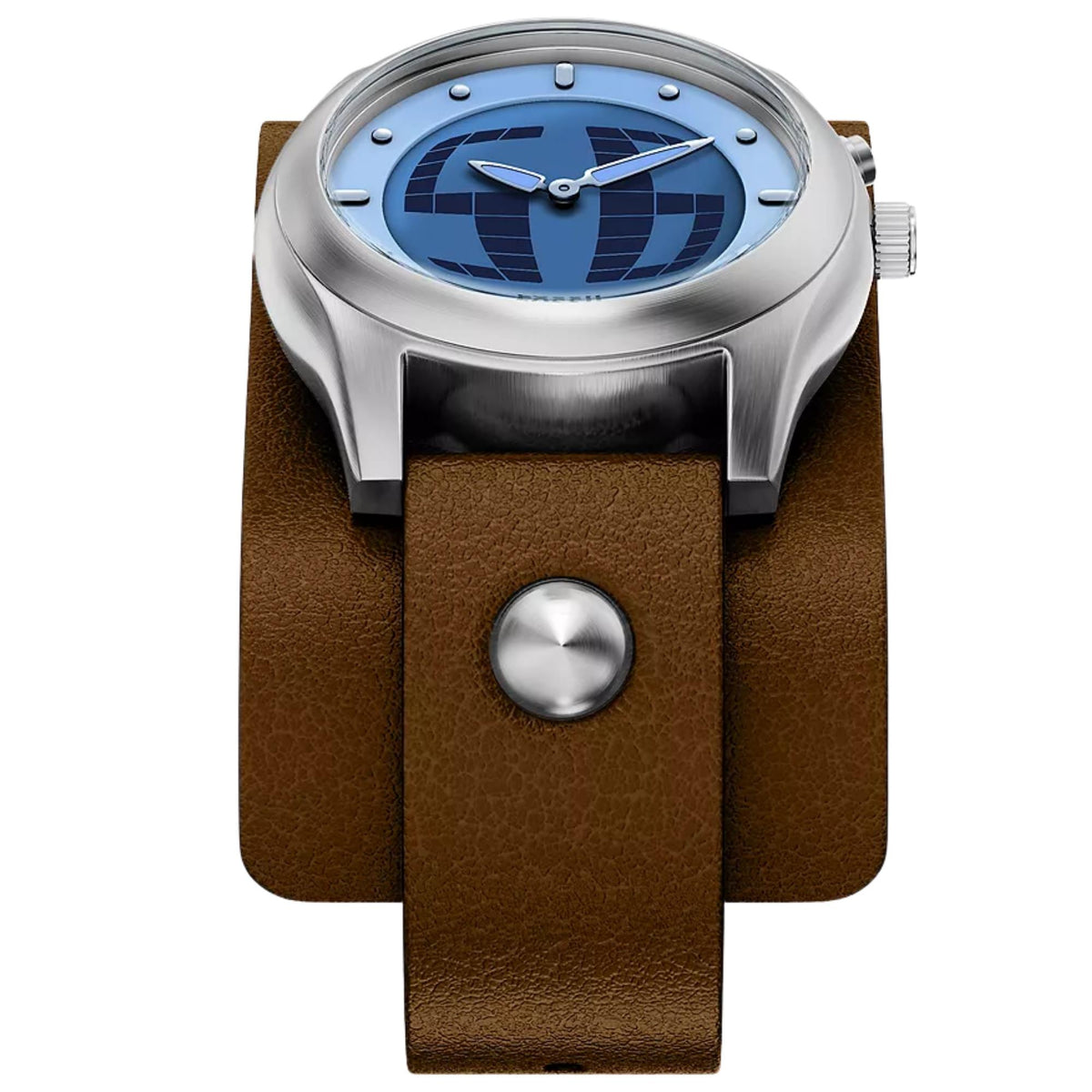 Angled front-facing view of the Fossil Y2K Big Tic LE1229 limited edition timepiece displaying the digital face and brown cuff strap
