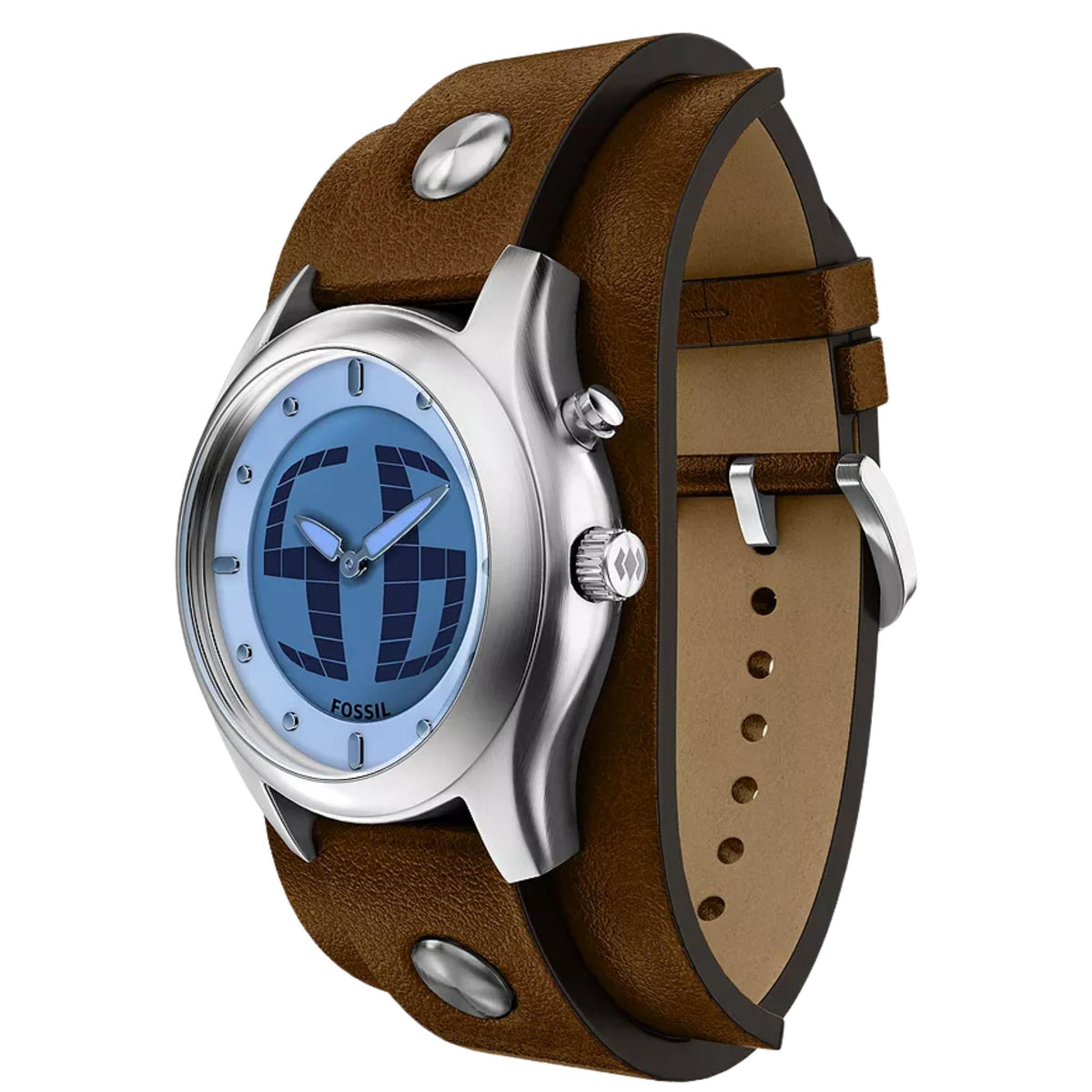 Three-quarter perspective view of the Fossil Y2K Big Tic LE1229 watch detailing the digital dial, steel case, and brown cuff band