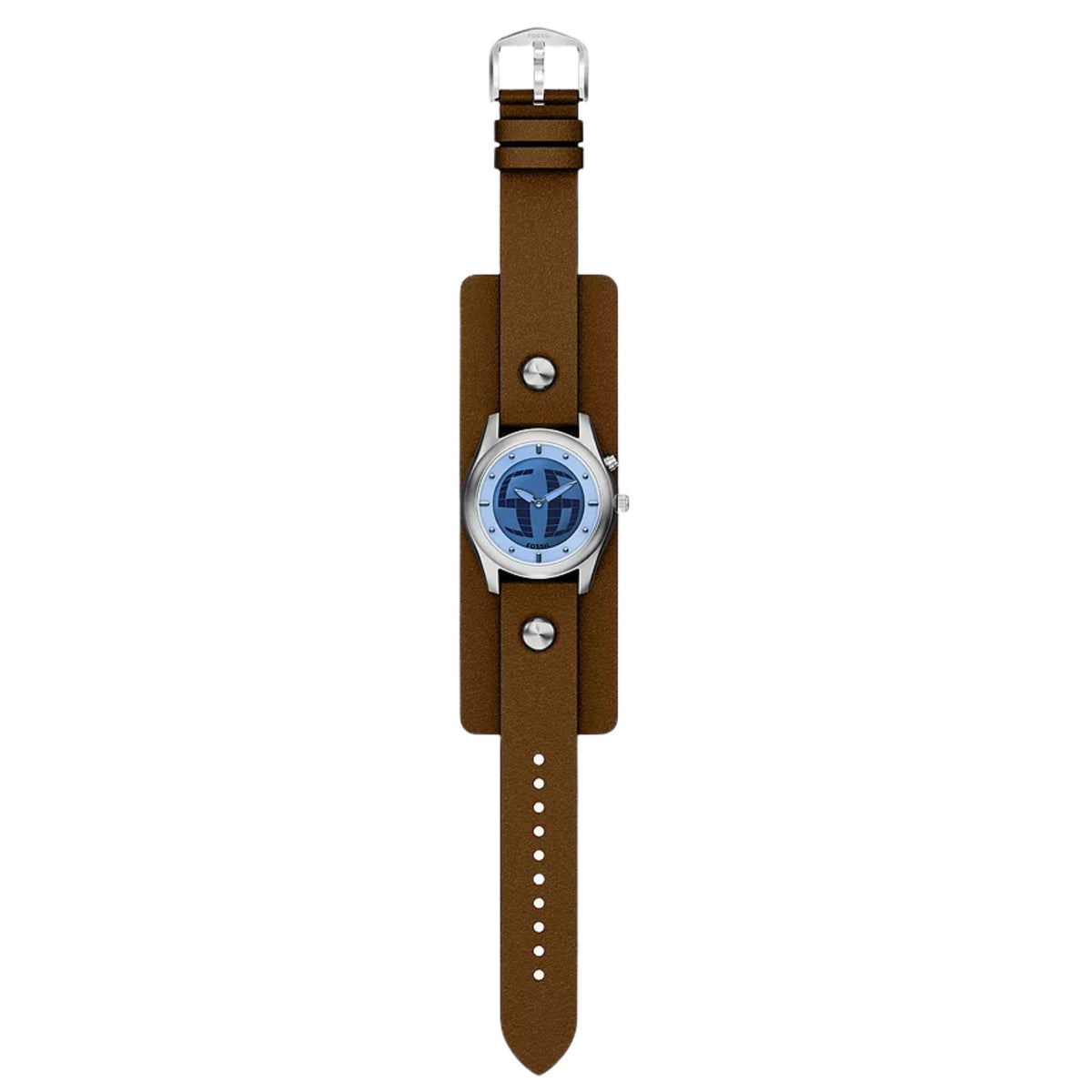 Full lay-flat view of the Fossil Y2K Big Tic LE1229 digital quartz watch with its extended brown leather strap unbuckled