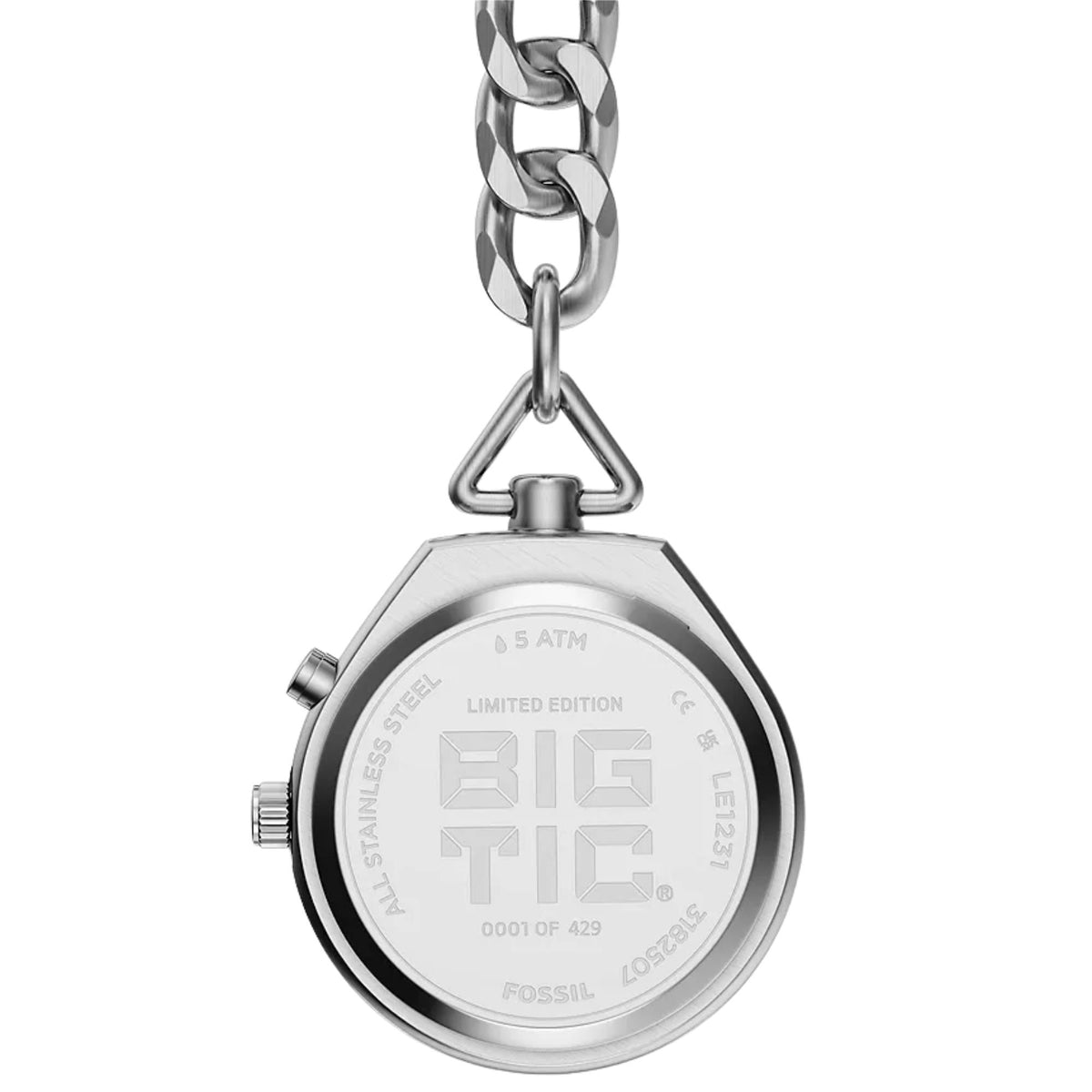 Fossil Y2K Big Tic LE1231 stainless steel case back showing limited edition engravings