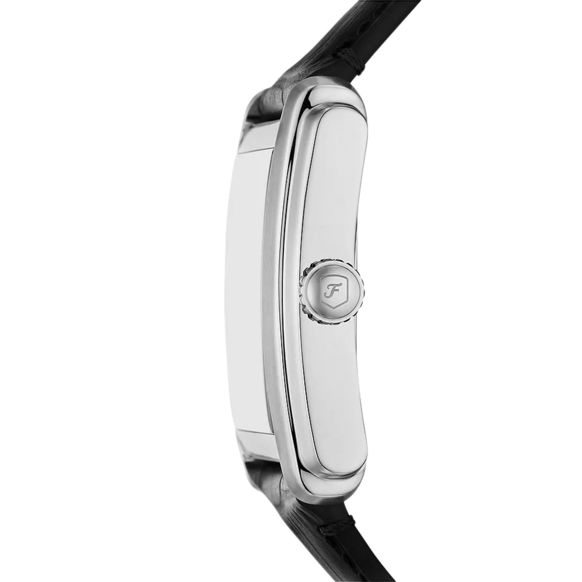 Fossil Carraway FS6078 stainless steel case side view and crown detail