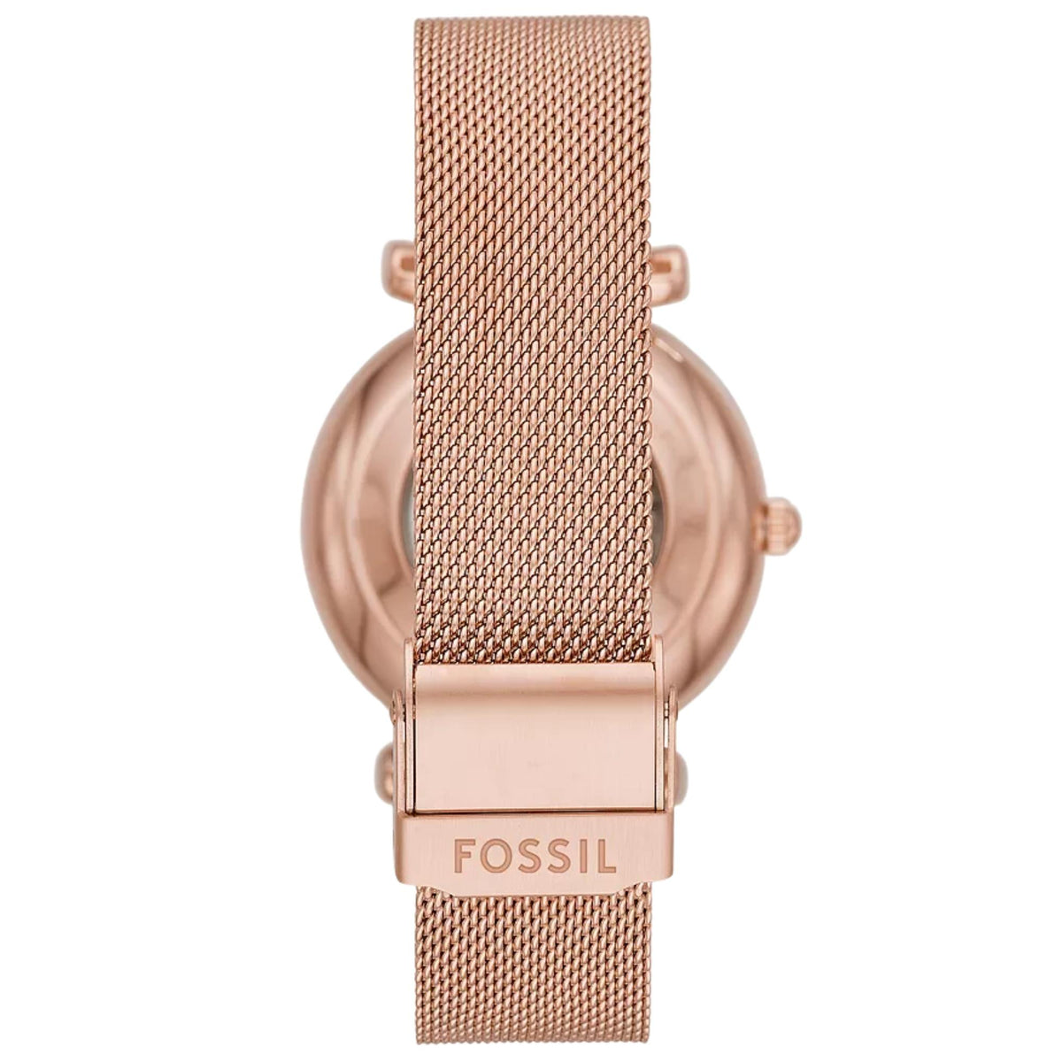 Fossil Carlie ME3175 rose gold mesh strap with signed Fossil clasp back view