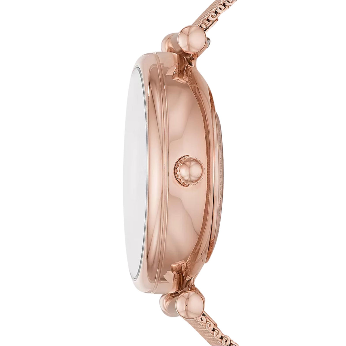 Fossil Carlie ME3175 rose gold stainless steel case and crown side view