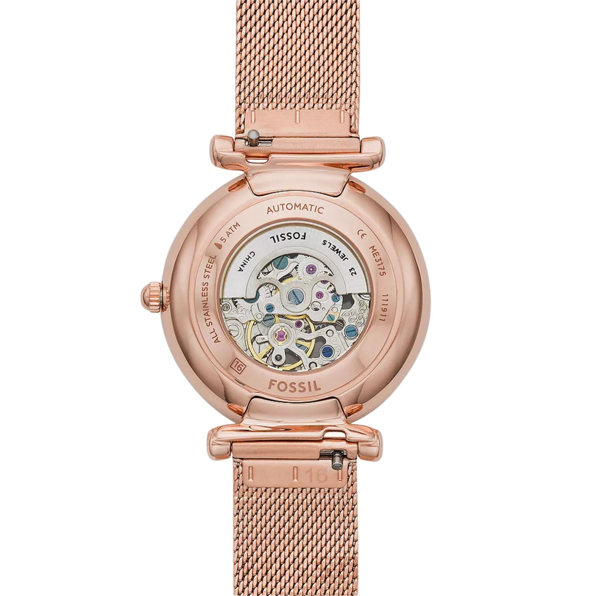 Fossil Carlie ME3175 exhibition caseback showing the automatic movement gears close up