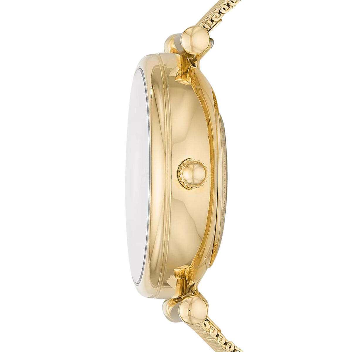 Fossil Carlie 35mm Skeleton Gold Dial Steel Ladies Automatic Watch ME3250 gold-tone case and crown side profile view