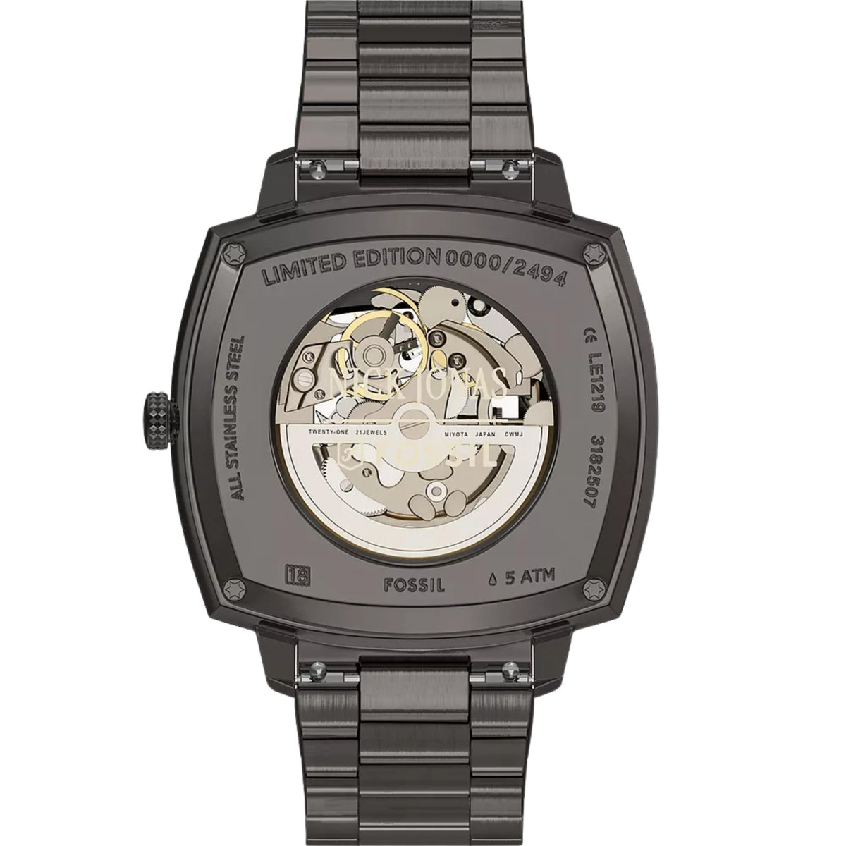 Fossil Machine x Nick Jonas LE1219 exhibition case back showing automatic movement detail