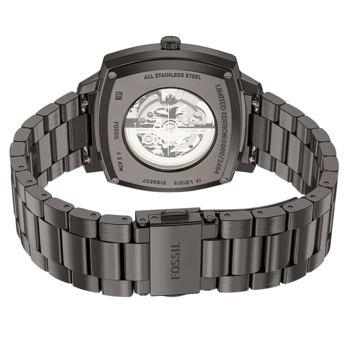 Fossil Machine x Nick Jonas LE1219 stainless steel band and case back perspective